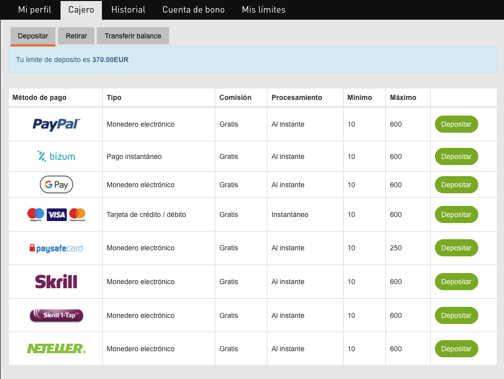 Métodos de pago en Casino777.es